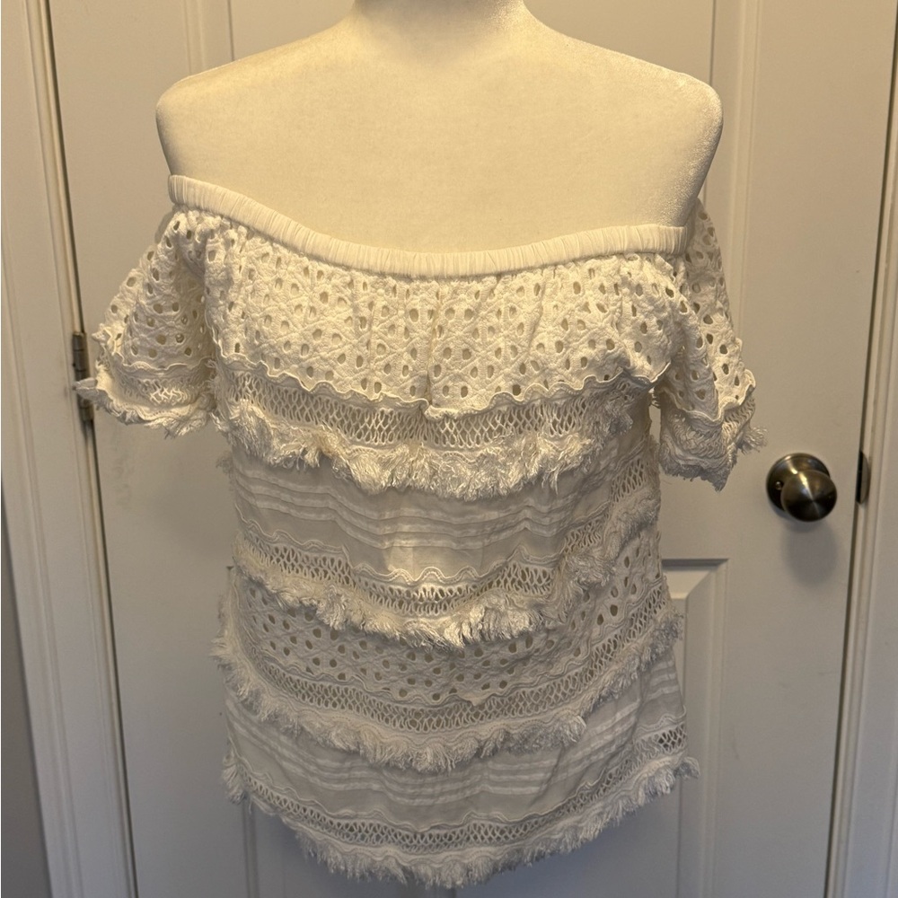 Neiman Marcus White Off-Shoulder Lace Top